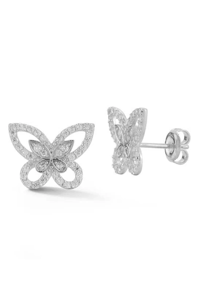 Sphera Milano Rhodium Plated Sterling Silver Cz Butterfly Stud Earrings In Metallic