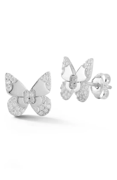 Sphera Milano Rhodium Plated Sterling Silver Cz Butterfly Stud Earrings In Metallic