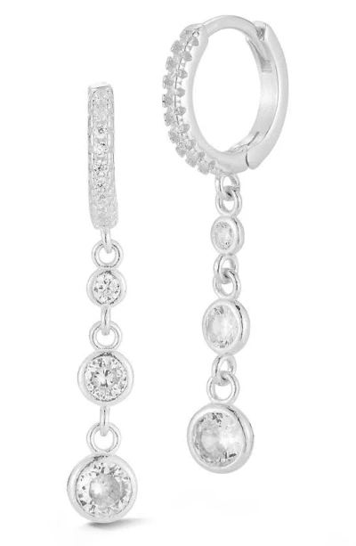 Sphera Milano Rhodium Plated Sterling Silver Cz Drop Huggie Hoop Earrings