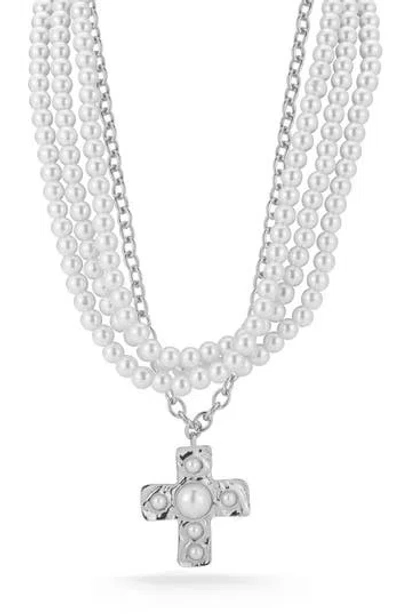 Sphera Milano Set Of 2 Faux Pearl Cross Pendant Layered Necklaces In Metallic
