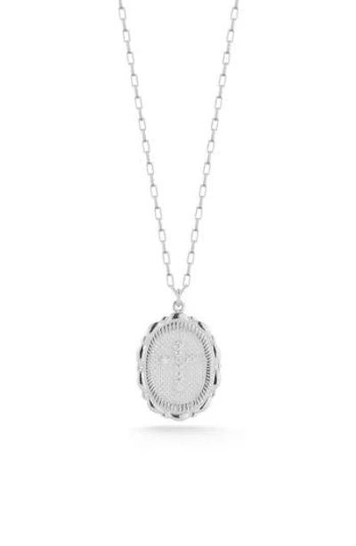 Sphera Milano Sterling Silver Cz Cross Oval Pendant Necklace In Neutral