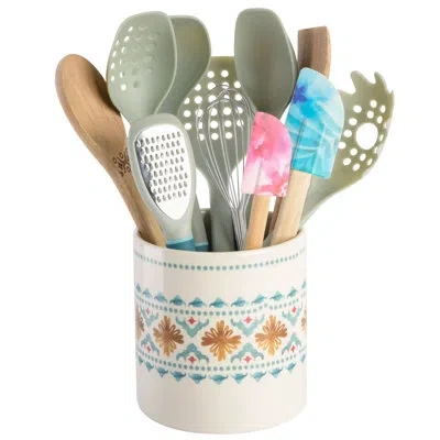 Spice By Tia Mowry Savory Saffron 12 Piece Wood And Nylon Kitchen Tool Set With Ceramic Crock In Brown
