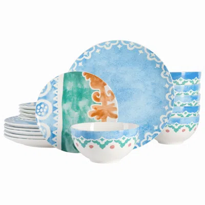 Spice By Tia Mowry Savory Saffron 18 Piece Round Fine Ceramic Dinnerware Set In Golden Blue