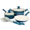 Spice By Tia Mowry Savory Saffron 7 Piece Ceramic Nonstick Aluminum Cookware Set With Nylon Utensils In Teal In Blue