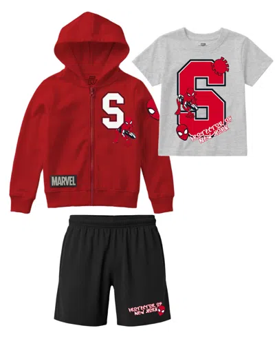 Spider-man Babies' Boys' 2t-7 Short-sleeve T-shirt, Sweatshirt And Shorts, 3-piece Set In Brown