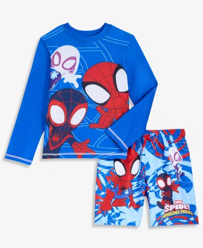 Spider-man Kids' Boys' 4-7 Spidey Long-sleeve Rash Guard & Mesh-lined Swim Trunks, 2-piece Swim Set In Blue