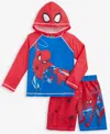 Spider-man Little Boys Hooded Rash Guard & Swim Trunks Two-piece Swimsuit In Navy