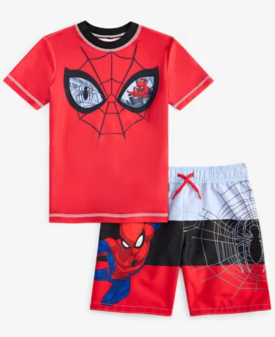 Spider-man Kids' Little Boys Rash Guard & Swim Trunks Swimsuit, 2 Piece Set In Red