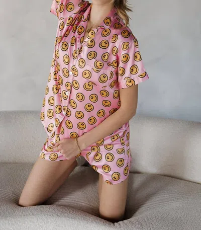 Spikes And Seams Smiley Face Satin Pajamas In Pink
