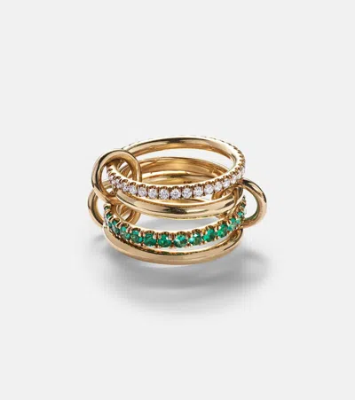 Spinelli Kilcollin Halley Set Of Four 18kt Gold Rings With Emeralds And Diamonds In Yellow Gold