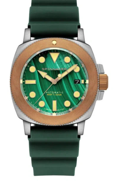 Spinnaker Hull Titanium Bronze Automatic Lapidary Malachite Silicone Strap Watch, 42mm In Green
