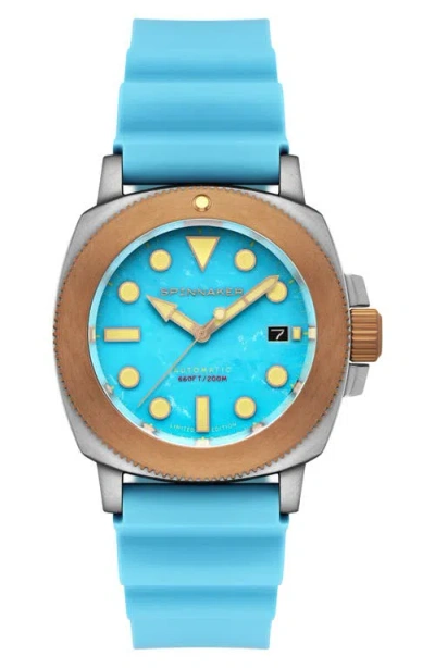 Spinnaker Hull Titanium Bronze Automatic Lapidary Turquoise Silicone Strap Watch, 42mm In Blue