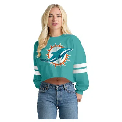Spirit Jersey Aqua Miami Dolphins Oversized Cropped Stripe Long Sleeve T-shirt In Green