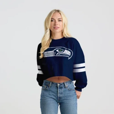 Spirit Jersey College Navy Seattle Seahawks Oversized Cropped Stripe Long Sleeve T-shirt In Blue