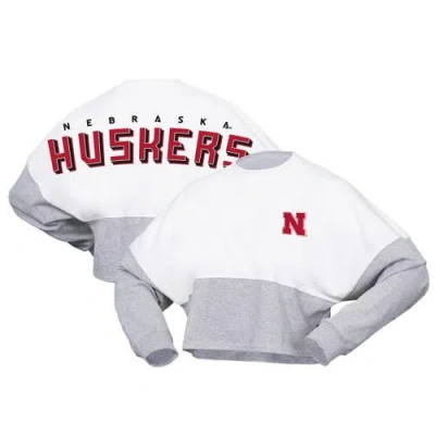 Spirit Jersey White Nebraska Huskers Heather Block Cropped Long Sleeve Jersey T-shirt