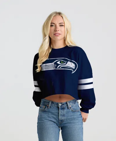 Spirit Jersey College Navy Seattle Seahawks Oversized Cropped Stripe Long Sleeve T-shirt In Blue
