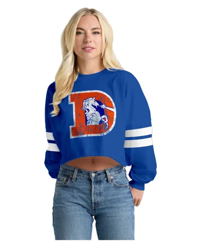 Spirit Jersey Women's Navy Denver Broncos Oversized Cropped Stripe Long Sleeve T-shirt In Blue