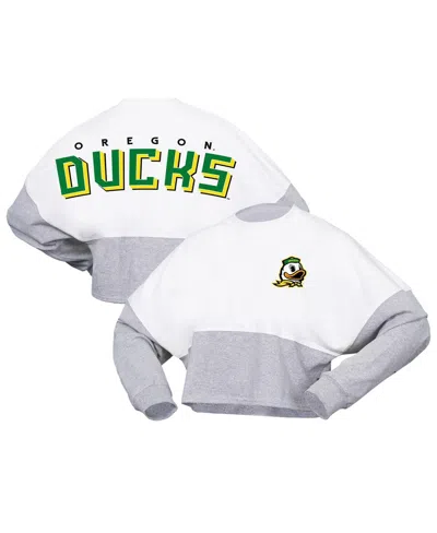 Spirit Jersey Women's  White Oregon Ducks Heather Block Cropped Long Sleeve Jersey T-shirt