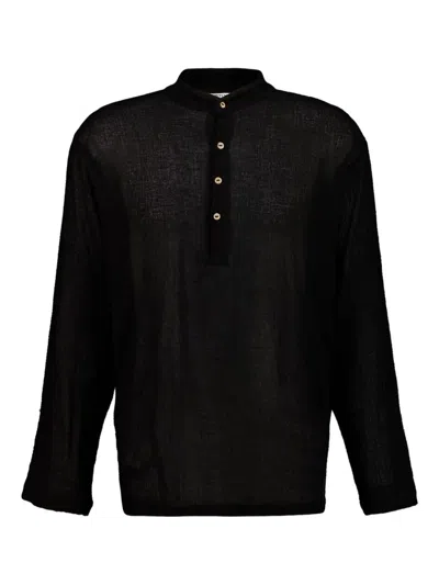 Spiritum Tulum Gauze Coconut-shell Button Shirt In Black