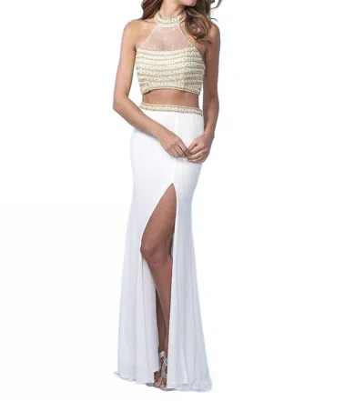 Splash Prom Beaded Halter Prom Dress In Ivory/gold In Multi