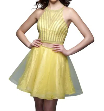 Splash Prom Halter Beaded Fitted Mini Gown In Yellow
