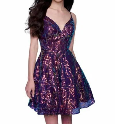Splash Prom Patterned Sequin Tulle Mini Gown In Purple