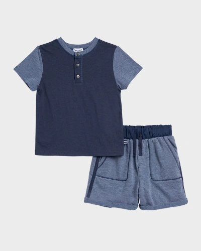 Splendid Kids' Little Boy's Cloud 2-piece Two Tone Henley & Shorts Set In Navy