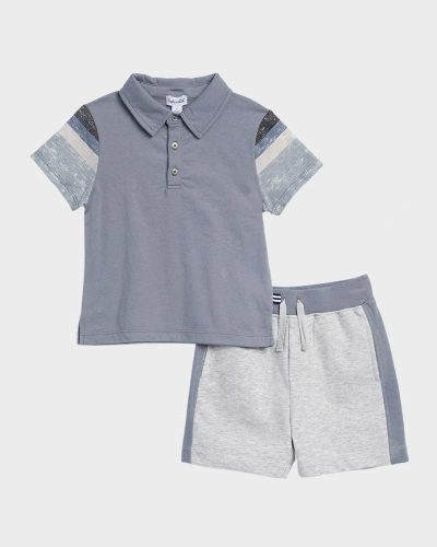 Splendid Kids' Little Boy's Stormy 2-piece Striped Sleeve Polo & Shorts Set In Slate Blue