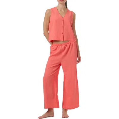 Splendid Button Front Tank & Crop Pants Pajamas In Orange