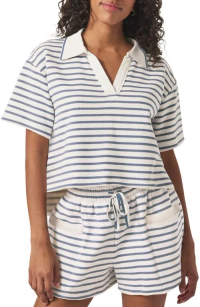 Splendid Cassie Stripe Terry Johnny Collar Polo In White/seaport