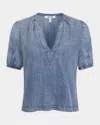 Splendid Cayden Embroidered Puff Sleeve Chambray Top In Indigo
