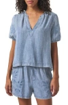 Splendid Cayden Embroidered Puff Sleeve Chambray Top In Purple