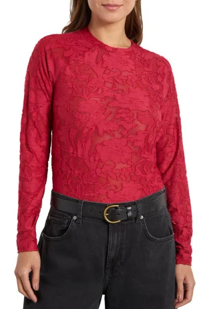 Splendid Cece Floral Semisheer Long Sleeve Top In Red