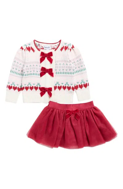 Splendid Babies'  Cherry Heart Fair Isle Cardigan & Tulle Skort Set In Chry Hrt F Isle