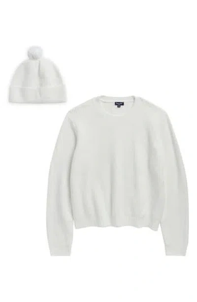 Splendid Crewneck Sweater & Faux Fur Pompom Beanie Set In White