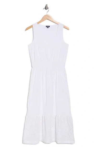 Splendid Embroidered Eyelet Sleeveless Cotton Blend Midi Dress In White