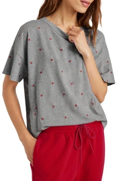Splendid Embroidered Hearts Cotton Blend T-shirt In Heather Fog