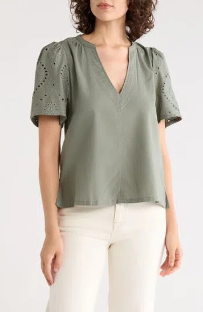 Splendid Eyelet Split Neck Top In Green