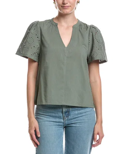 Splendid Eyelet Split Neck Top In Green