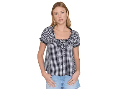 Splendid Gigi Gingham Puff Sleeve Top Women's Clothing Navy/white: Xs (women's 0-2) In Black