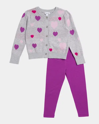 Splendid Kids' Girl's Tossed Heart Sweater & Leggings Set In Amethyst