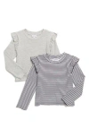 Splendid Kids' Assorted 2-pack Ruffle Long Sleeve T-shirt In Stripe/heather Grey