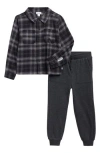 Splendid Kids' Flannel Button-up Shirt & Joggers Set In Gray