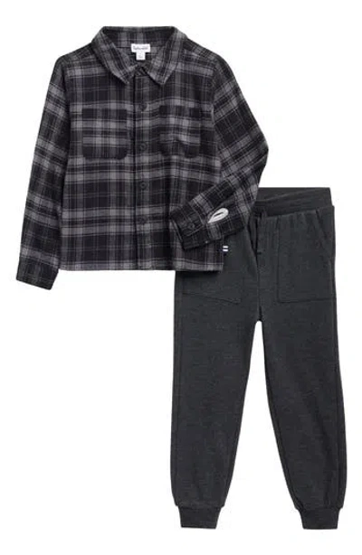 Splendid Kids' Flannel Button-up Shirt & Joggers Set In Gray