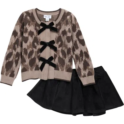 Splendid Babies'  Kids' Leopard Bow Cardigan & Skirt Set In Brown
