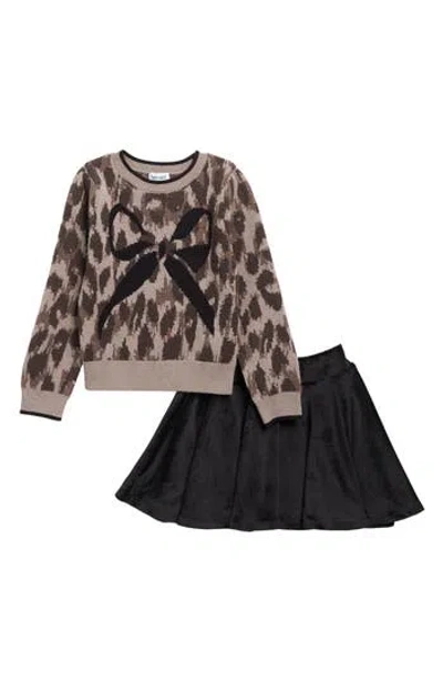 Splendid Kids' Leopard Bow Sweater & Skirt Set In Black