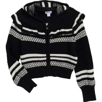 Splendid Kids' Ruffle Striped Hooded Cardigan In Jet Stream/ Black