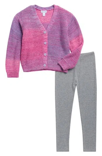Splendid Kids' Sunset Marbled Cardigan & Leggings Set In Berry Multi