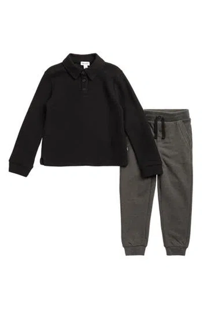 Splendid Kids' Waffle Knit Long Sleeve Polo & Joggers Set In Black