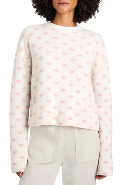 Splendid Lolly Hearts Jacquard Crewneck Sweater In Snow Heather/cotton Candy